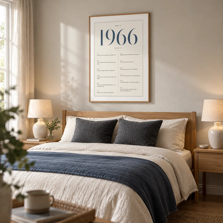 1966 Blue Birthday Print, framed on the wall of a refined main bedroom for an adult around 60 in a British home with a pale warm grey wall
