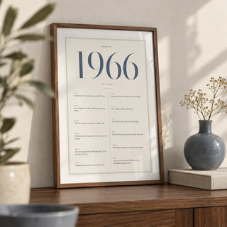1966 Blue Birthday Print, a small A4 framed print leaning on a walnut shelf in a living room