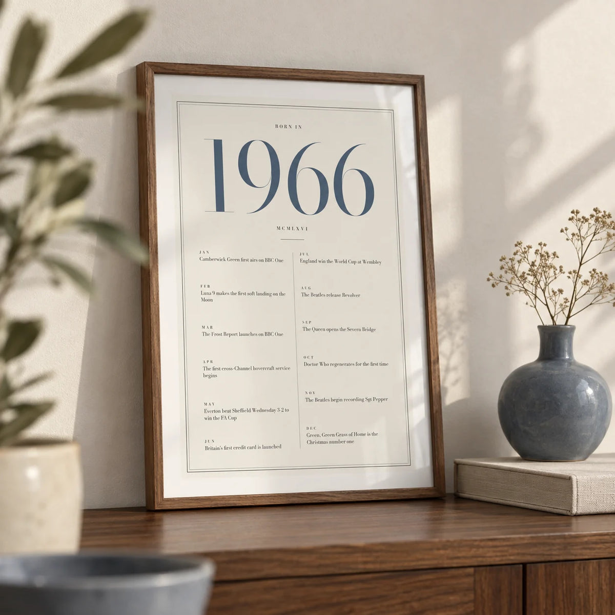 1966 Blue Birthday Print, a small A4 framed print leaning on a walnut shelf in a living room