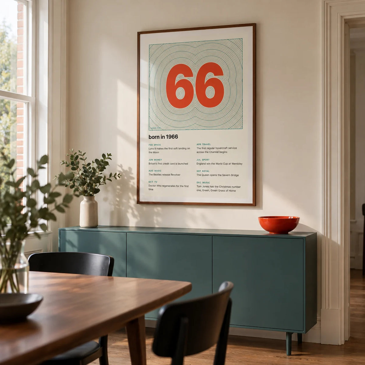 1966 Contour Map Print, framed on the wall of a modern dining room in a renovated UK terrace with cream walls and a low teal sideboard