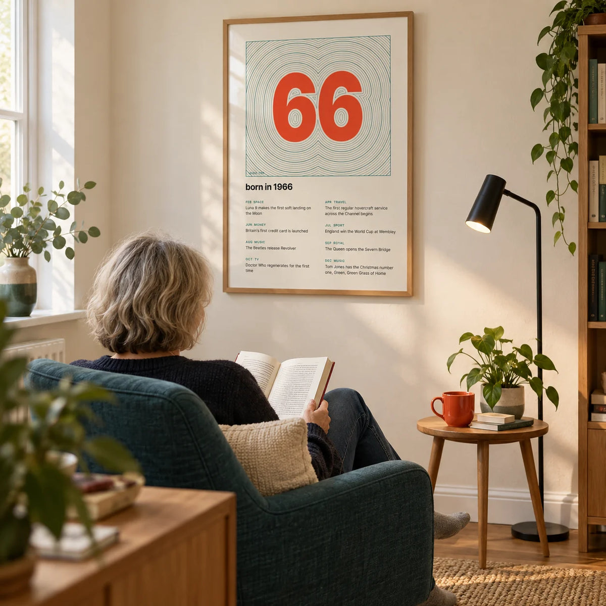 1966 Contour Map Print, framed on the wall of a reading corner in a mature couple's UK flat with a warm white wall and an oak floor in a living room