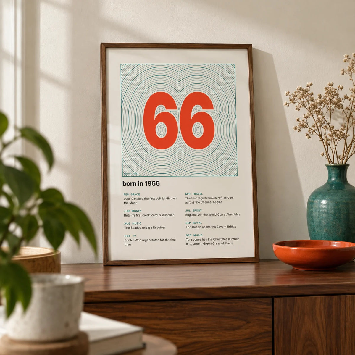 1966 Contour Map Print, a small A4 framed print leaning on a walnut sideboard in a living room