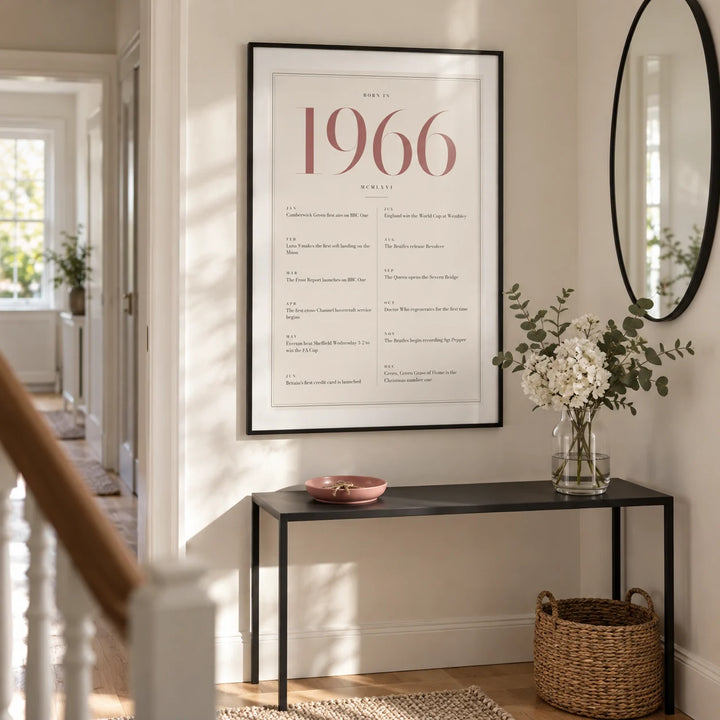 1966 Pink Birthday Print, framed on the wall of a bright hallway in a renovated British semi with pale ivory walls and oak floorboards