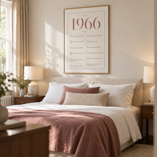 1966 Pink Birthday Print, framed on the wall of a composed main bedroom in a mature couple's UK home with warm white walls