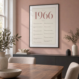 1966 Pink Birthday Print, framed on the wall of a modern dining room in a British terrace with a pale rose painted wall and a walnut dining table