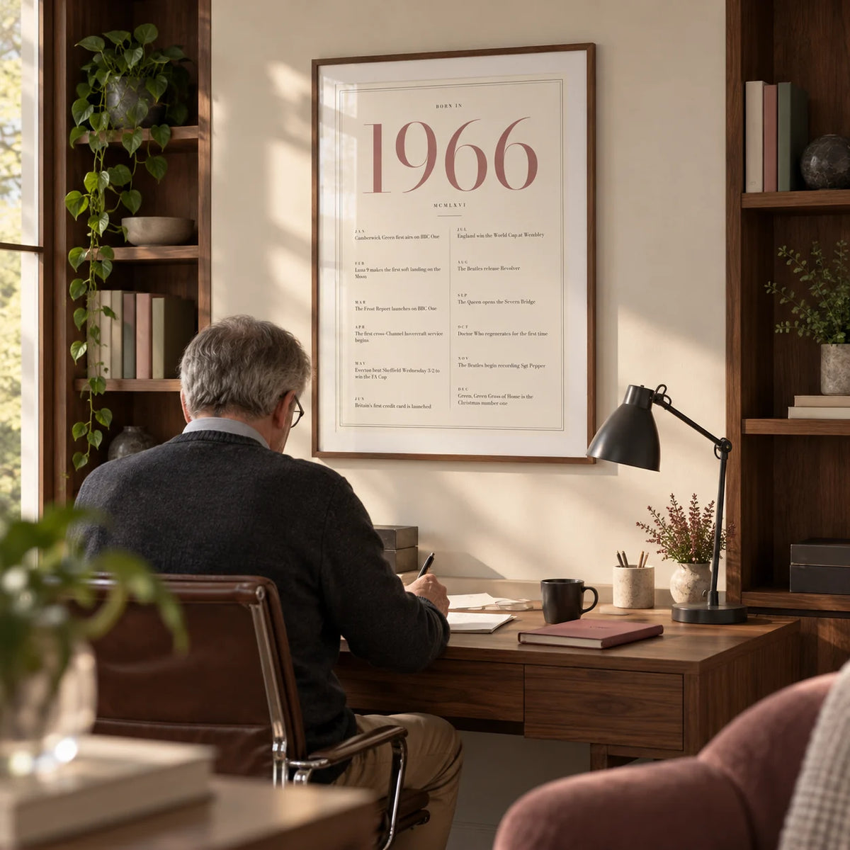 1966 Pink Birthday Print, framed on the wall of a quiet modern home study for an adult around 60 with a warm ivory wall and fitted walnut shelves