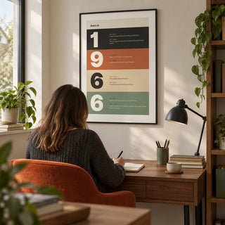 1966 Typography Print, framed on the wall of a compact home study in a design-conscious UK home with an off-white wall and a walnut desk