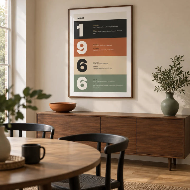 1966 Typography Print, framed on the wall of a modern dining room in a British semi-detached house with a pale sand wall and natural oak floor