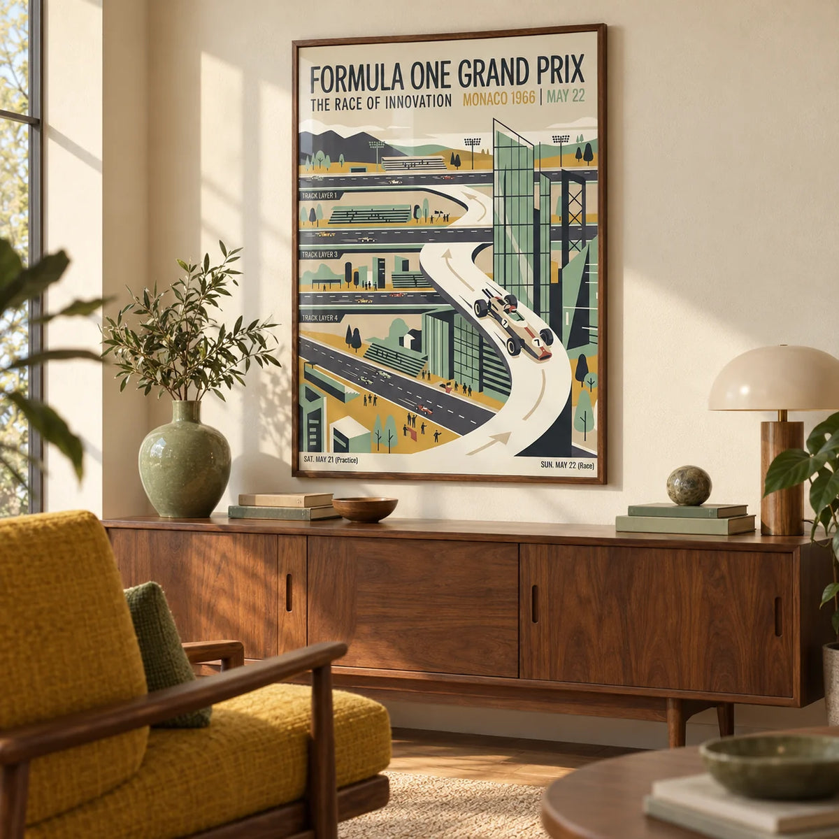 1966 Vintage Racing Poster, framed on the wall of a mid-century living room with a warm cream wall