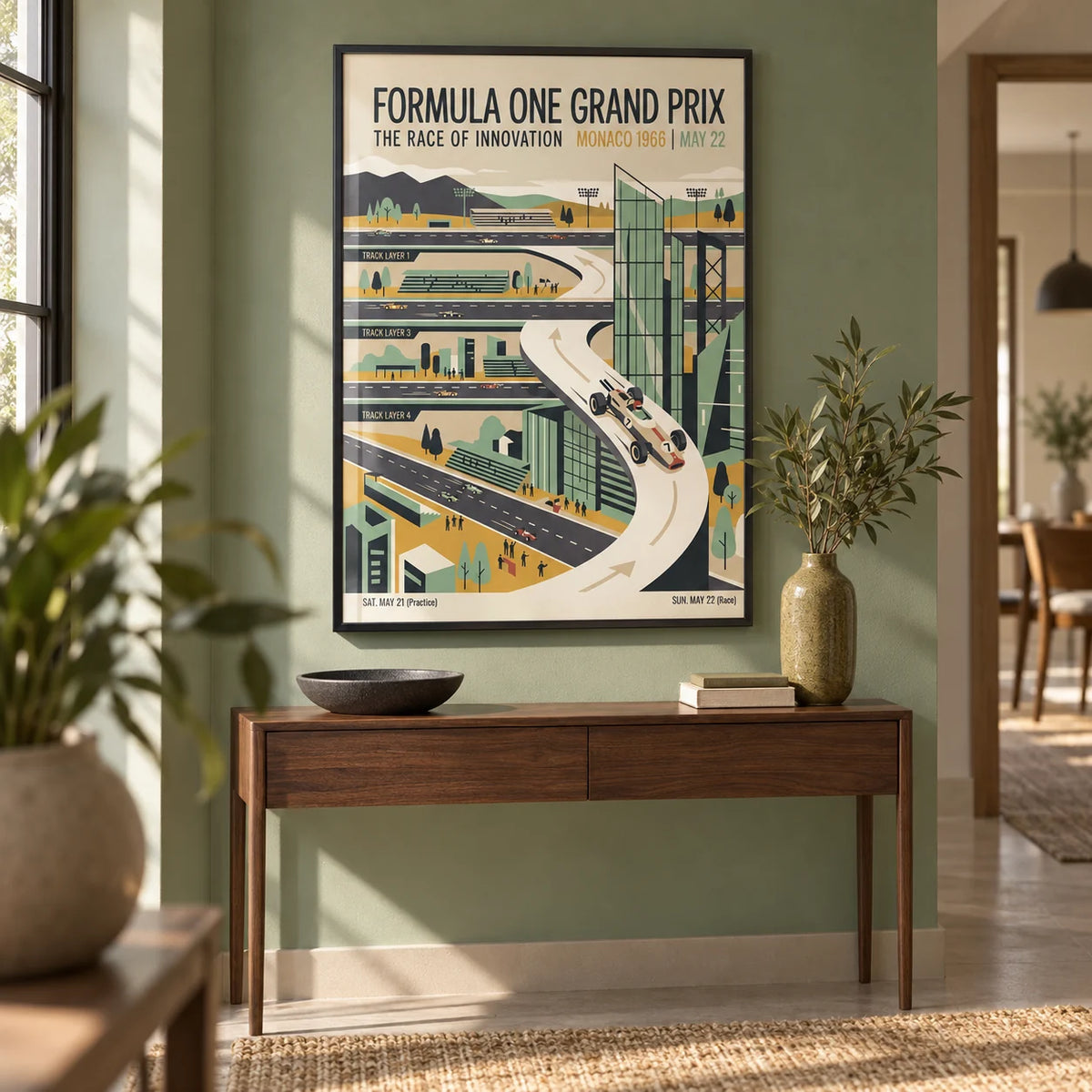 1966 Vintage Racing Poster, framed on the wall of a modern hallway with a sage green wall