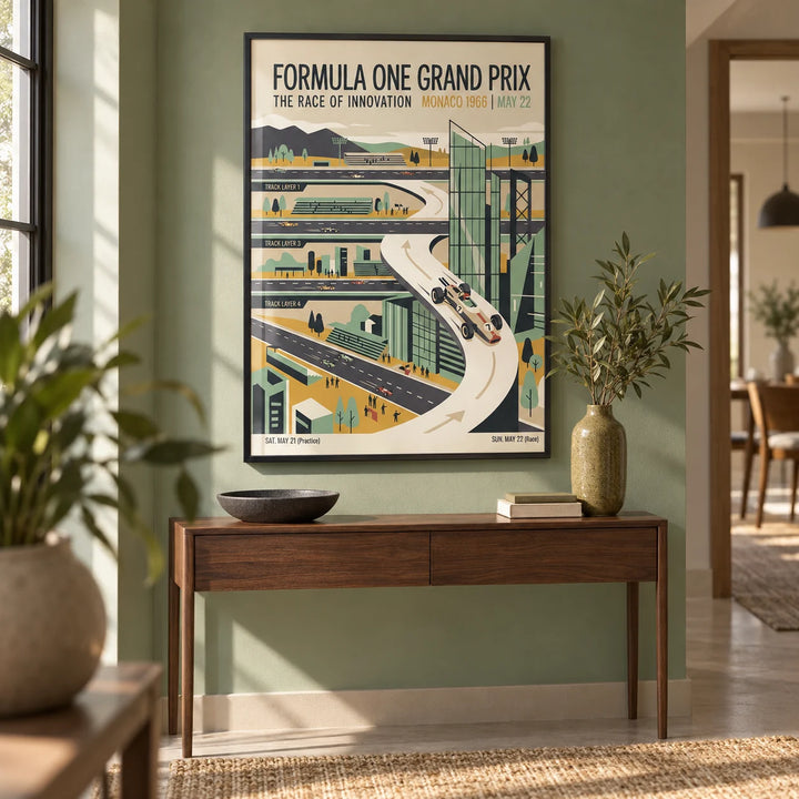 1966 Vintage Racing Poster, framed on the wall of a modern hallway with a sage green wall