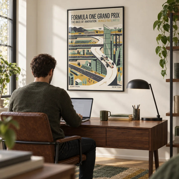 1966 Vintage Racing Poster, framed on the wall of a modern home office with a cream wall