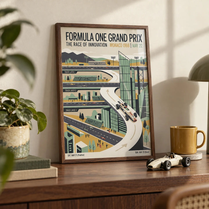 1966 Vintage Racing Poster, a small A4 framed print leaning on a walnut shelf in a living room