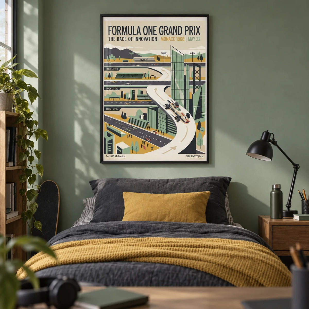 1966 Vintage Racing Poster, framed on the wall of a teen boy's bedroom (13-17) with a sage green painted wall