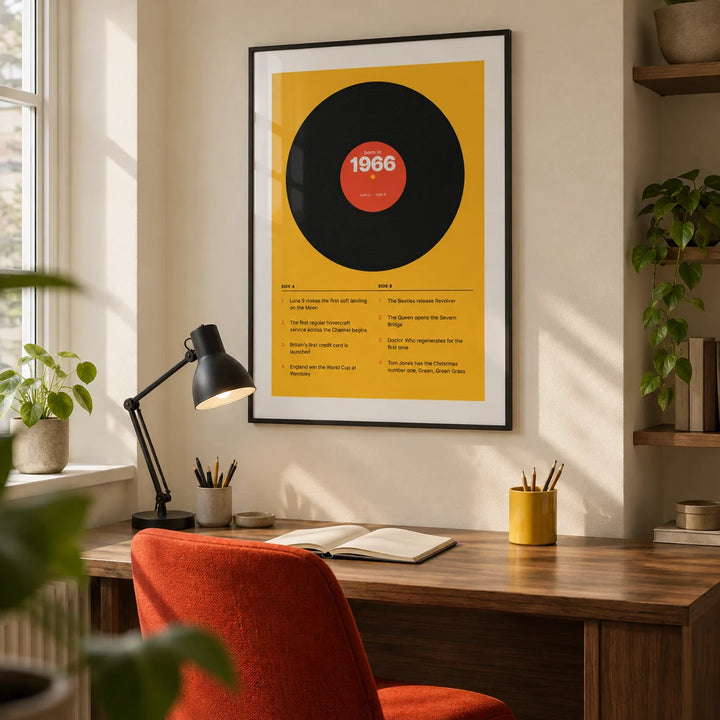 1966 Vinyl Record Print, framed on the wall of a compact home study in a UK maisonette with a cream wall and a simple walnut desk