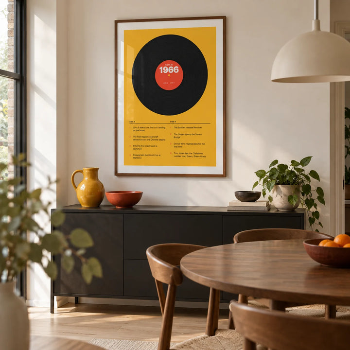 1966 Vinyl Record Print, framed on the wall of a modern dining room in a renovated British semi with warm white walls and a pale timber floor