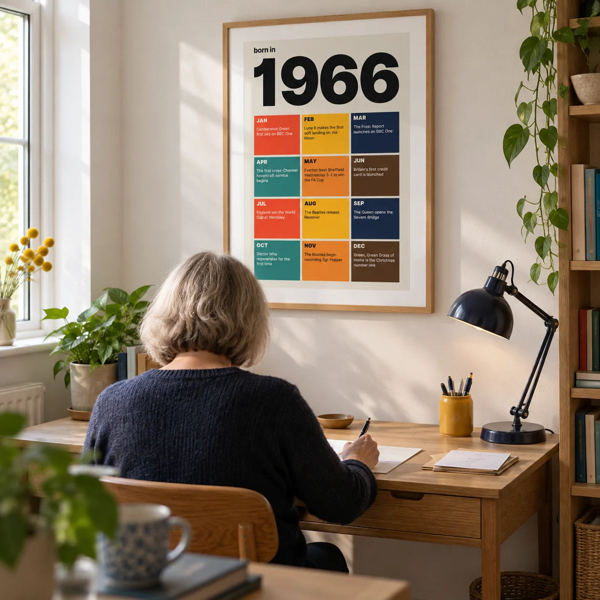 1966 Year in Review Print, framed on the wall of a bright home study in a mature couple's UK home with a soft white wall