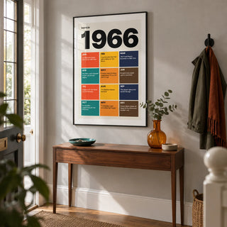 1966 Year in Review Print, framed on the wall of a crisp entrance hallway in a British terraced house with a pale grey wall and warm timber floor