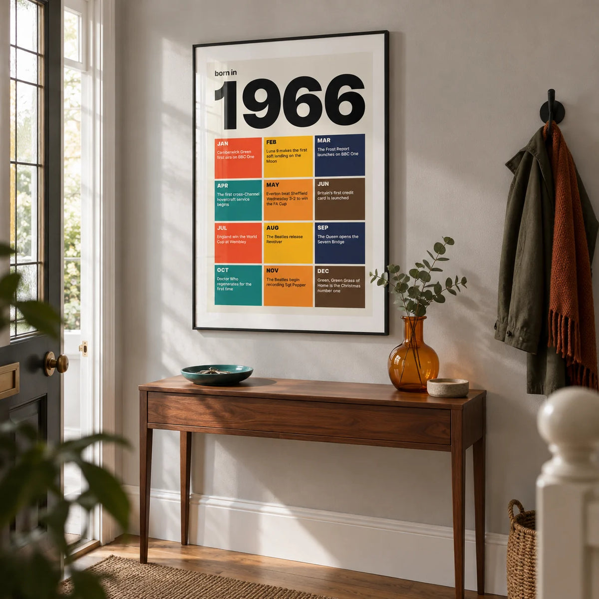 1966 Year in Review Print, framed on the wall of a crisp entrance hallway in a British terraced house with a pale grey wall and warm timber floor