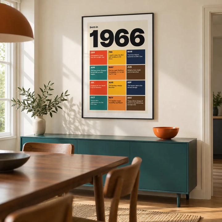 1966 Year in Review Print, framed on the wall of a design-led dining room in a renovated UK semi with a pale cream wall