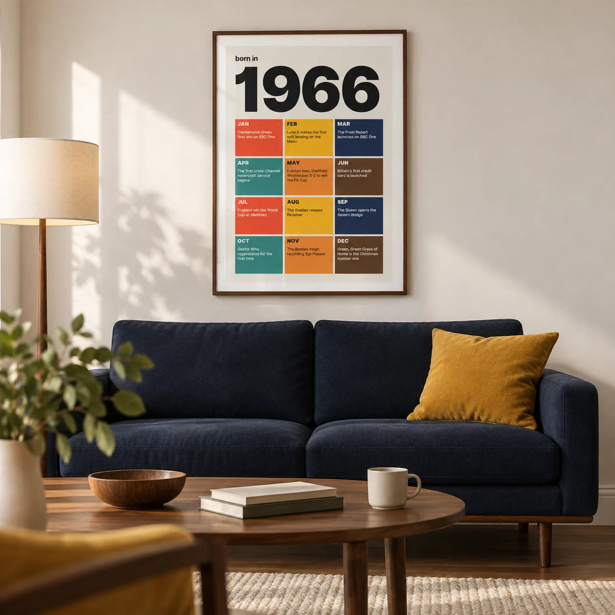 1966 Year in Review Print, framed on the wall of a modern living room in a British townhouse with a warm white wall and walnut floor