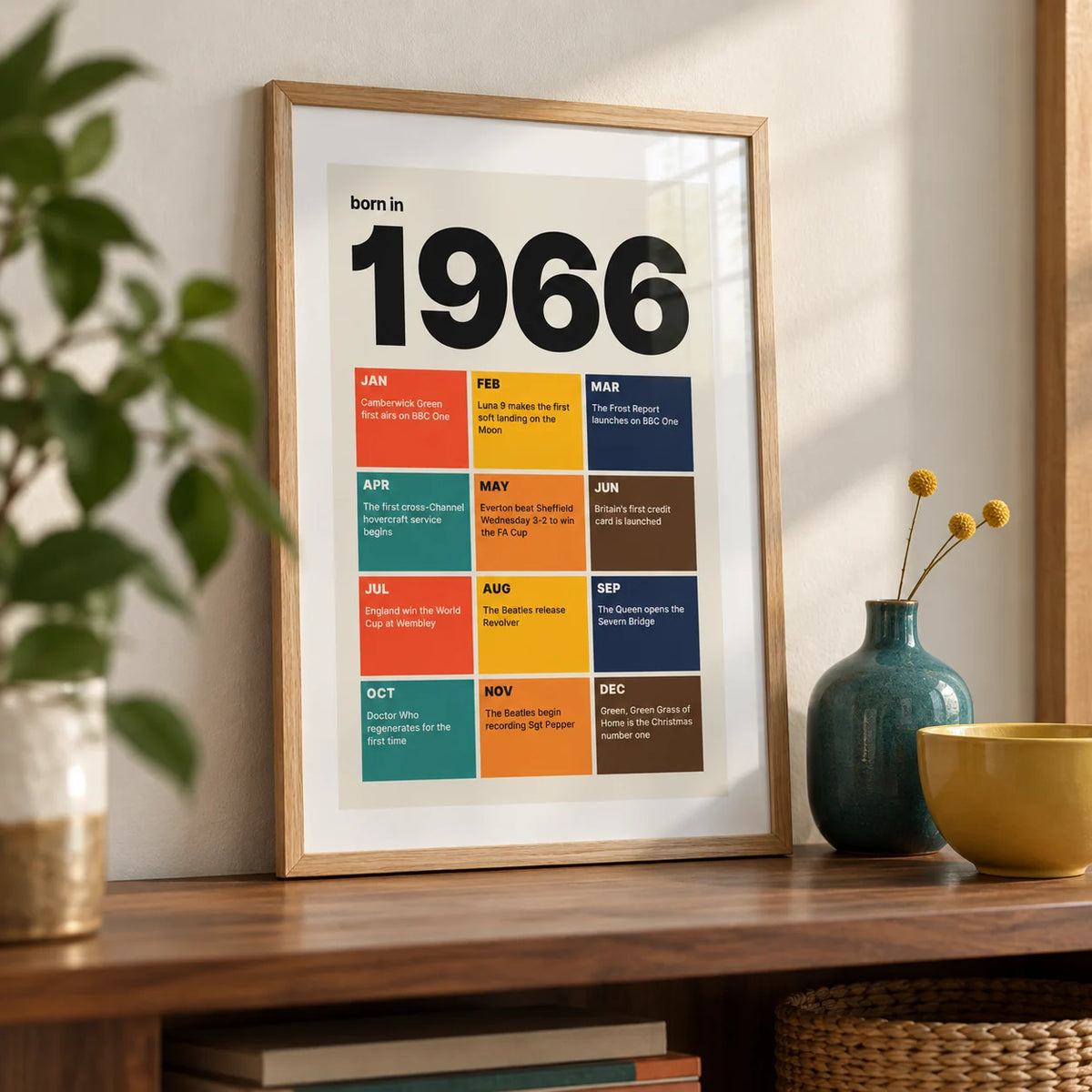 1966 Year in Review Print, a small A4 framed print leaning on a walnut shelf in a living room