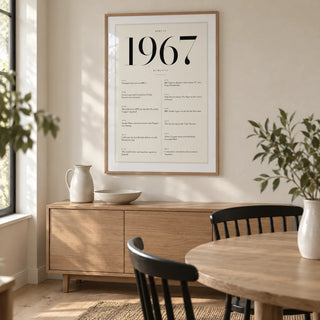 1967 Birthday Print, framed on the wall of a contemporary dining room in an established UK home with an ivory wall and pale oak floorboards