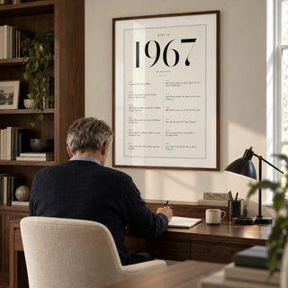 1967 Birthday Print, framed on the wall of a quiet home study for an adult around 60 with an ivory wall and a built-in walnut bookcase to one side