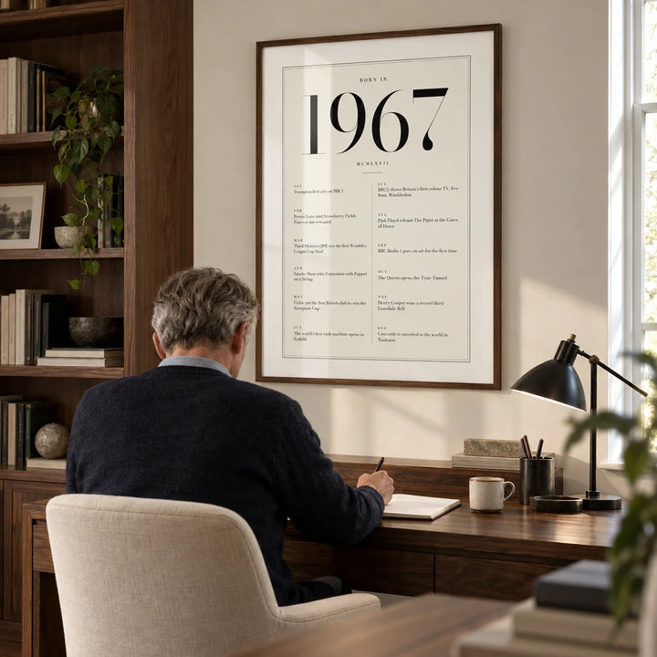 1967 Birthday Print, framed on the wall of a quiet home study for an adult around 60 with an ivory wall and a built-in walnut bookcase to one side