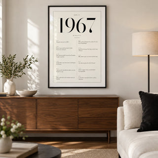 1967 Birthday Print, framed on the wall of a refined modern living room in a UK townhouse with warm white walls