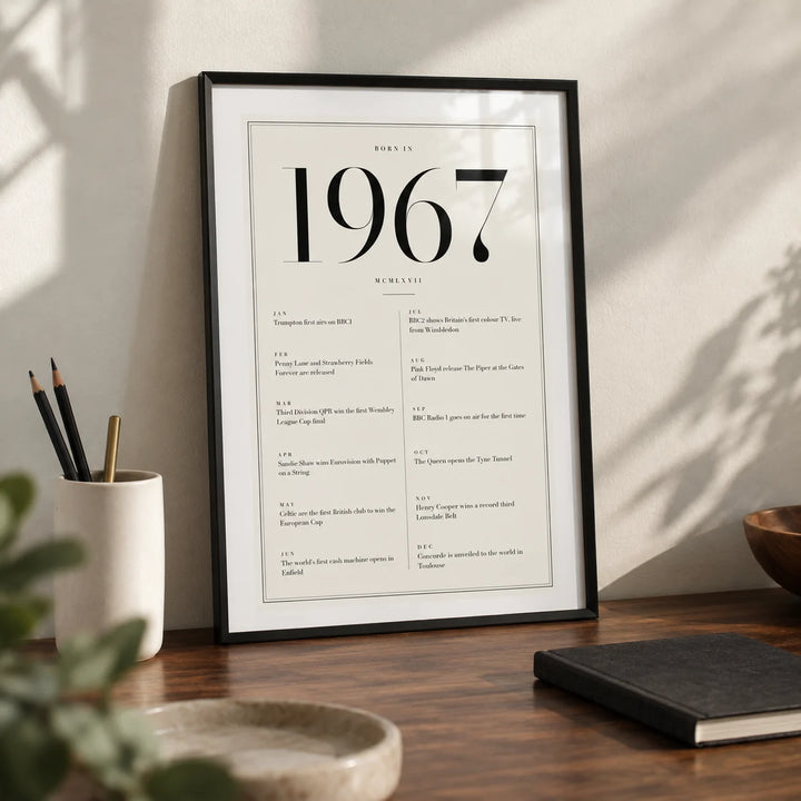 1967 Birthday Print, a small A4 framed print leaning on a walnut desk