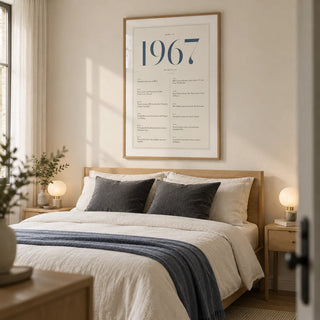 1967 Blue Birthday Print, framed on the wall of a calm modern main bedroom in a UK family home with an ivory wall and pale oak furniture