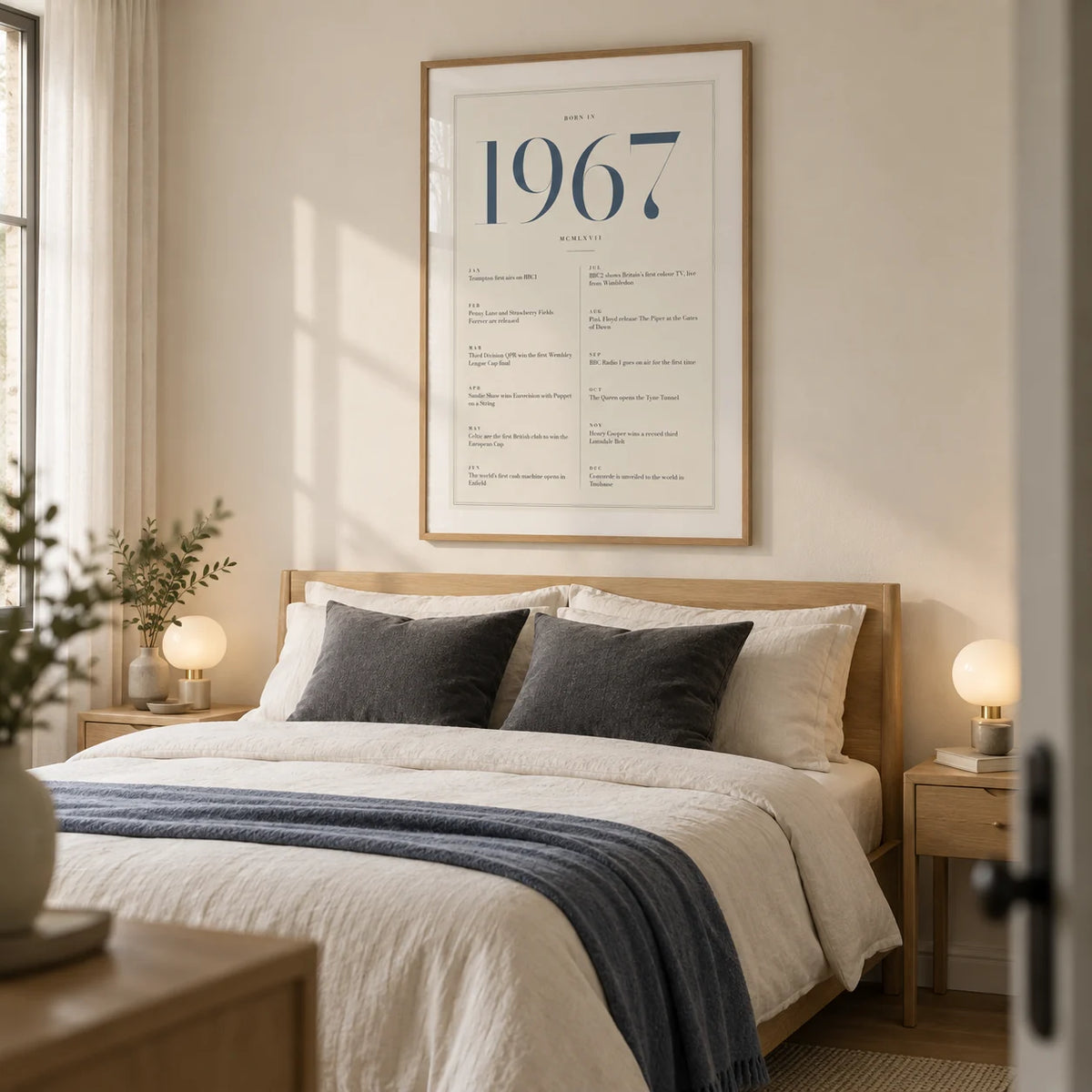 1967 Blue Birthday Print, framed on the wall of a calm modern main bedroom in a UK family home with an ivory wall and pale oak furniture