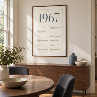 1967 Blue Birthday Print, framed on the wall of a crisp dining room in an established UK home with an ivory wall and simple walnut furniture