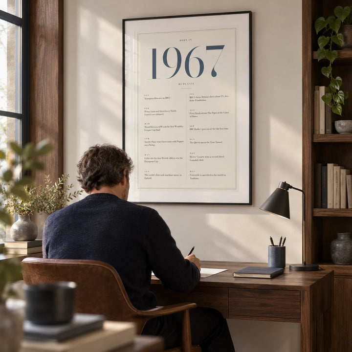 1967 Blue Birthday Print, framed on the wall of a quiet contemporary home study with a pale ivory wall and built-in walnut shelving