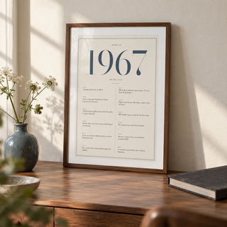 1967 Blue Birthday Print, a small A4 framed print leaning on a walnut desk
