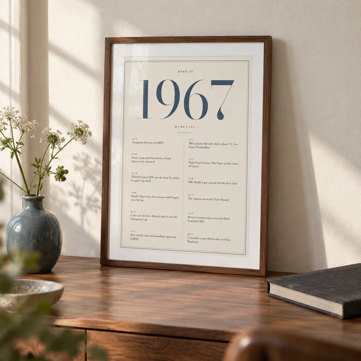 1967 Blue Birthday Print, a small A4 framed print leaning on a walnut desk