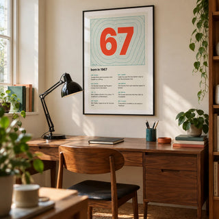 1967 Contour Map Print, framed on the wall of a compact home study in a design-conscious UK home with a pale cream wall and a walnut desk