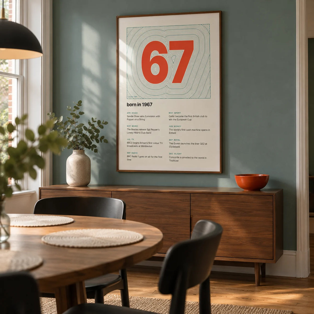 1967 Contour Map Print, framed on the wall of a modern dining room in a renovated British terrace with a muted teal wall and oak floor