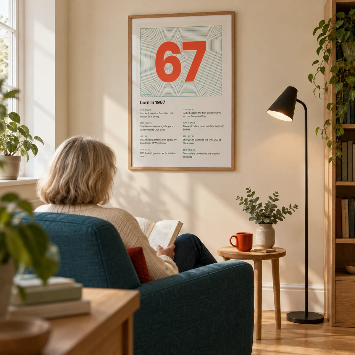 1967 Contour Map Print, framed on the wall of a quiet reading corner in a mature couple's modern British home with a warm cream wall in a living room