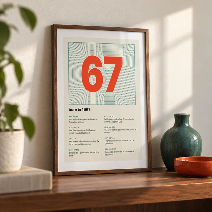 1967 Contour Map Print, a small A4 framed print leaning on a walnut shelf in a living room
