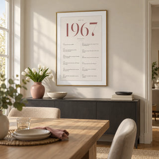 1967 Pink Birthday Print, framed on the wall of a modern dining room in a settled UK family home with a pale ivory wall