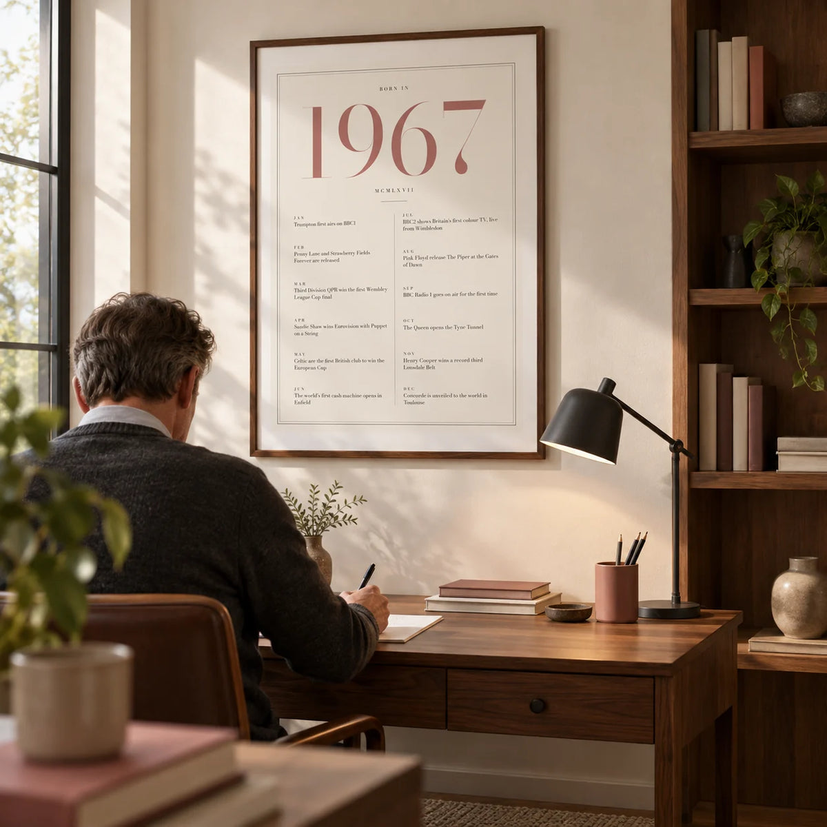 1967 Pink Birthday Print, framed on the wall of a quiet home study for an adult born in 1967 with an ivory wall and fitted walnut shelving to one side