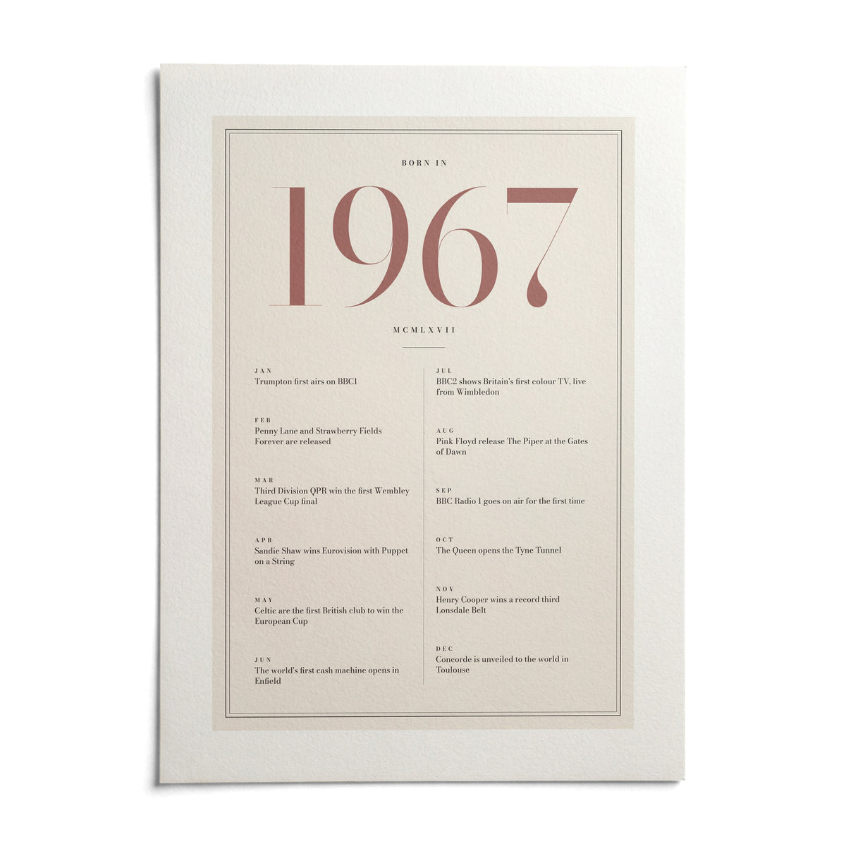 1967 Pink Birthday Print, shown as an unframed paper print on a plain white background