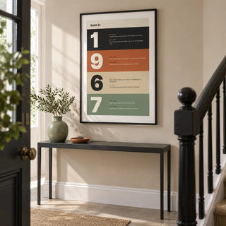1967 Typography Print, framed on the wall of a bright entrance hallway in a modern British townhouse with a sandy beige wall