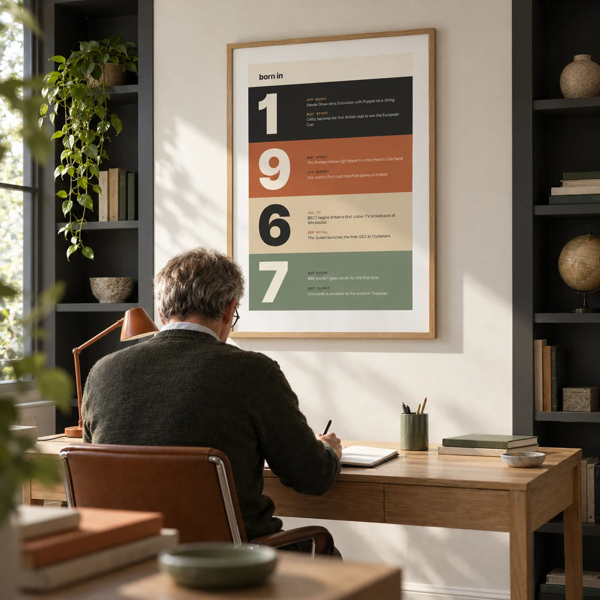 1967 Typography Print, framed on the wall of a crisp home study for a history enthusiast in their late fifties