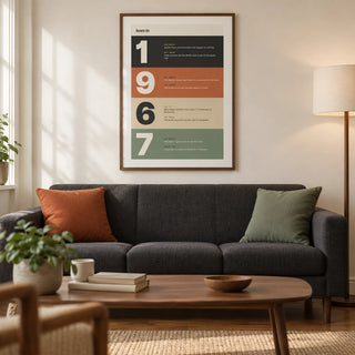 1967 Typography Print, framed on the wall of a design-led living room in a British city flat with warm white walls