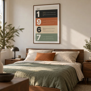 1967 Typography Print, framed on the wall of a modern bedroom in a design-conscious couple's UK home with a warm white wall and walnut bedside furniture