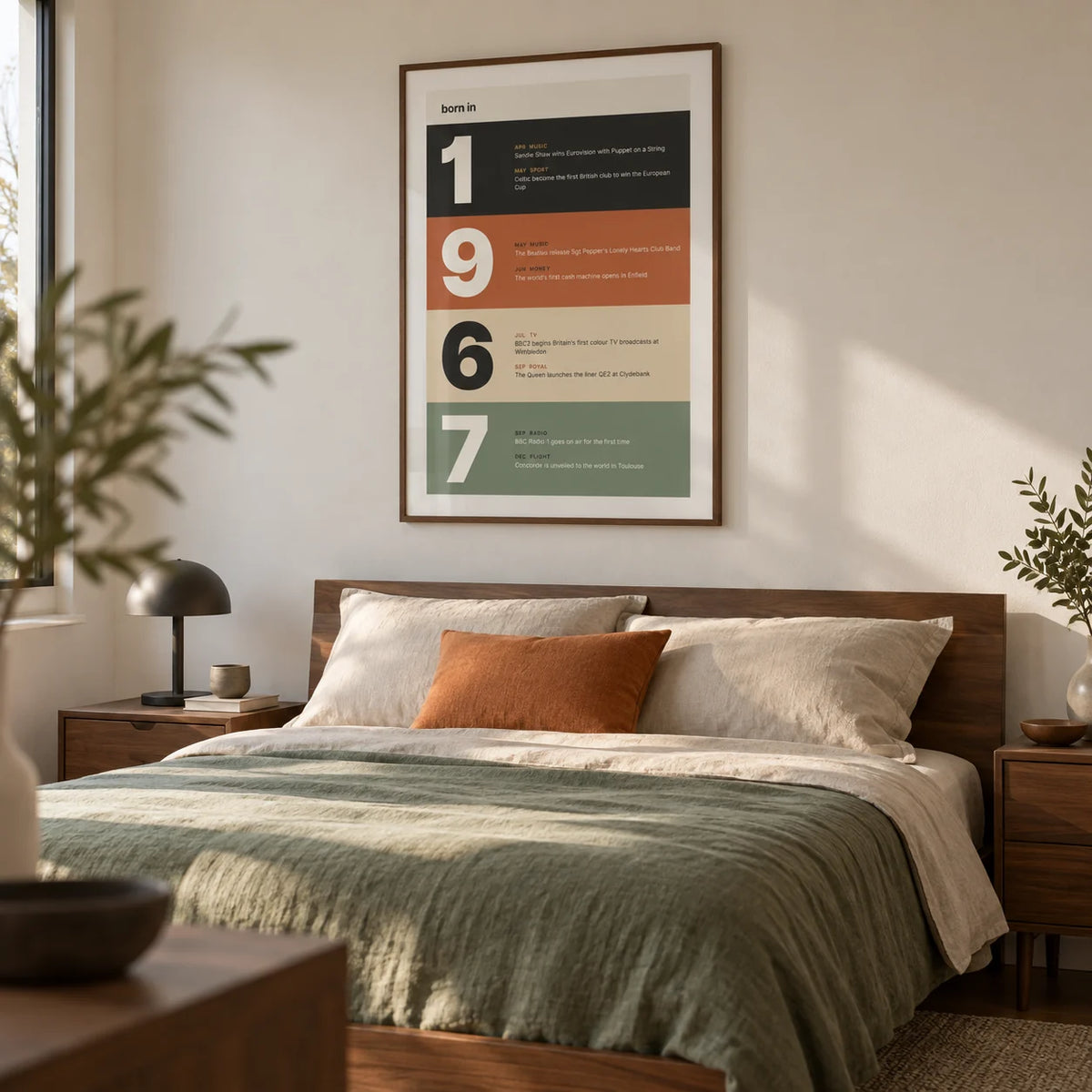 1967 Typography Print, framed on the wall of a modern bedroom in a design-conscious couple's UK home with a warm white wall and walnut bedside furniture