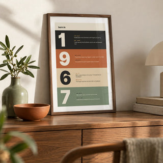 1967 Typography Print, a small A4 framed print leaning on a walnut sideboard in a living room